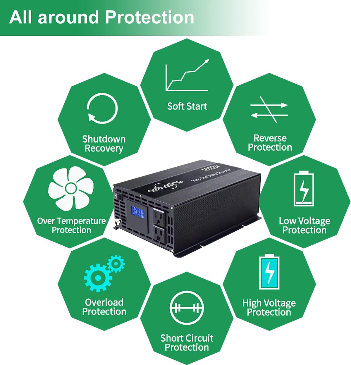 1000w Pure Sine Wave Power Inverter 48v DC to AC 110v 120v with 2 US Socket, LCD Display and Earth Terminal P85713