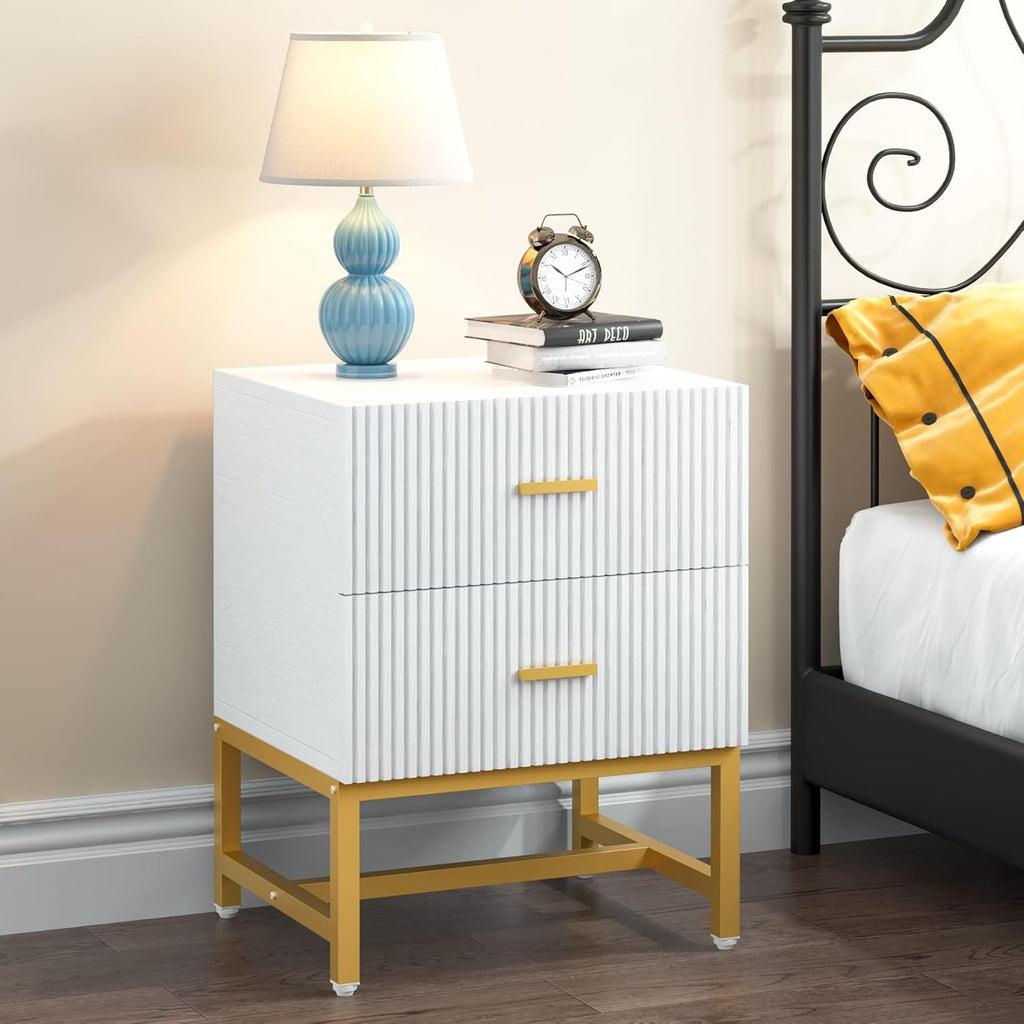 White 2-Drawer Nightstand with Storage Cabinet Metal Frame C14094