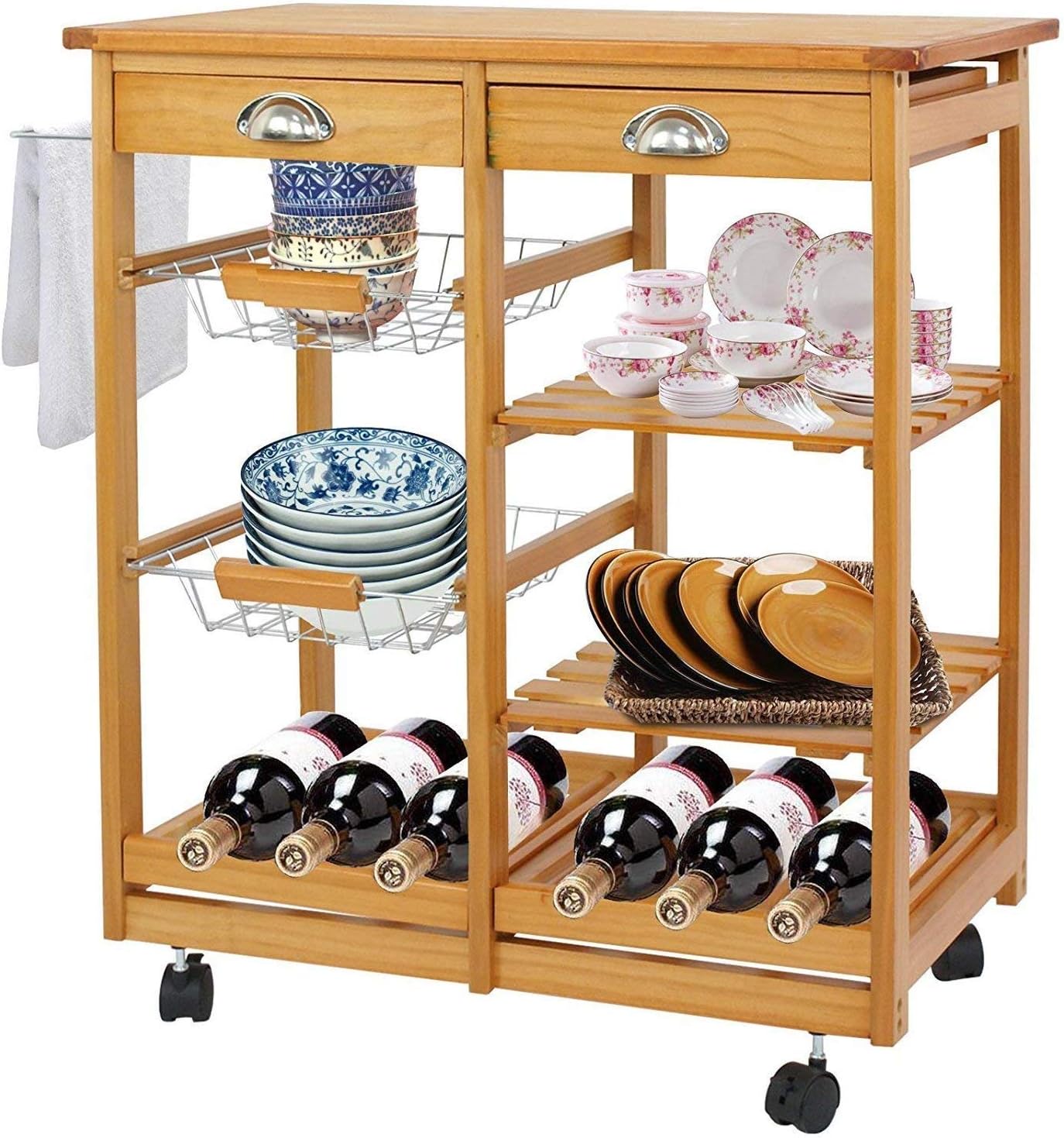 Wood Rolling Kitchen Island Storage Cart with Drawer Shelves Basket Q4035