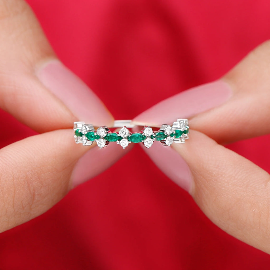 Marquise Emerald Ring with Diamond, 925 Sterling Silver D1284