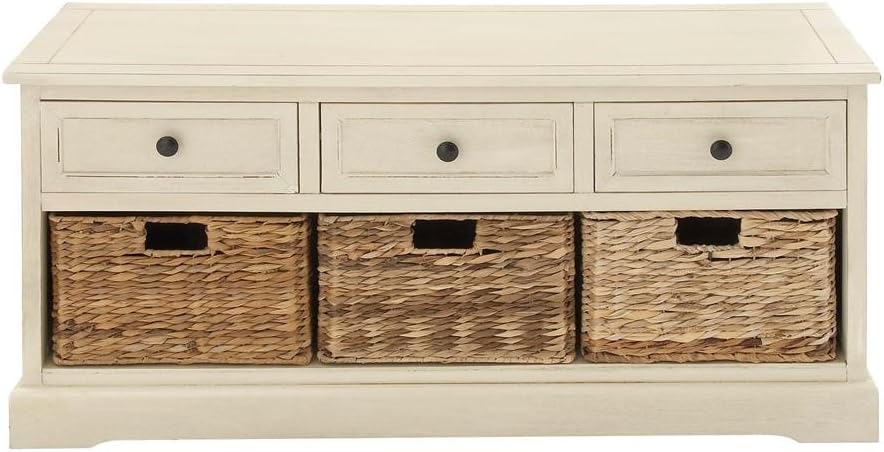 Aqua Wood Cabinet with Natural Wicker Storage Basket Drawers E13292