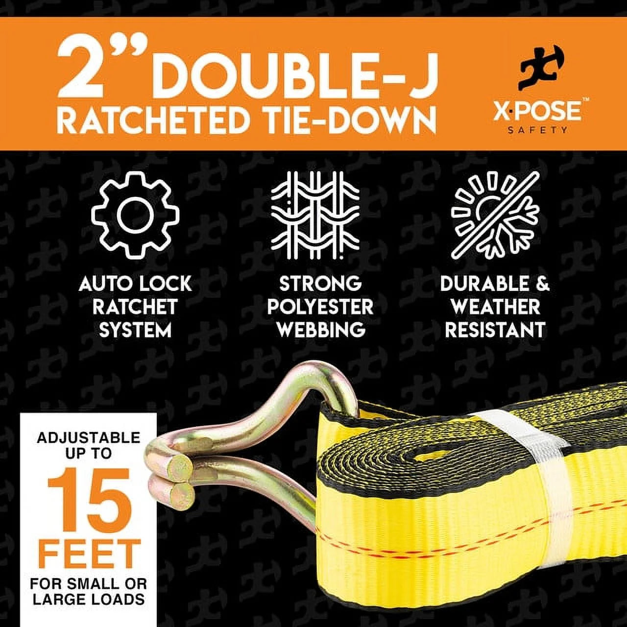2 Inch x 15 Foot Ratchet Tie Down Straps with Double J Hooks U2621