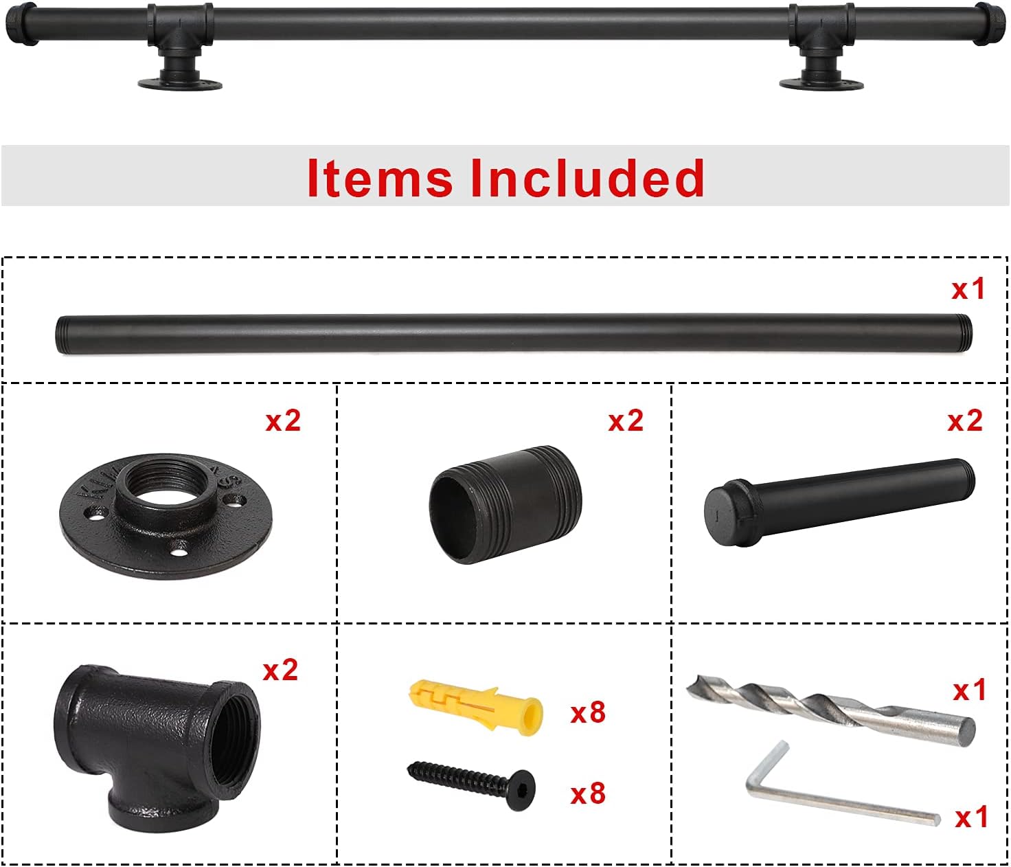 Black Metal Galvanized Steel Staircase Handrail with 4 Wall Mount Support I514012