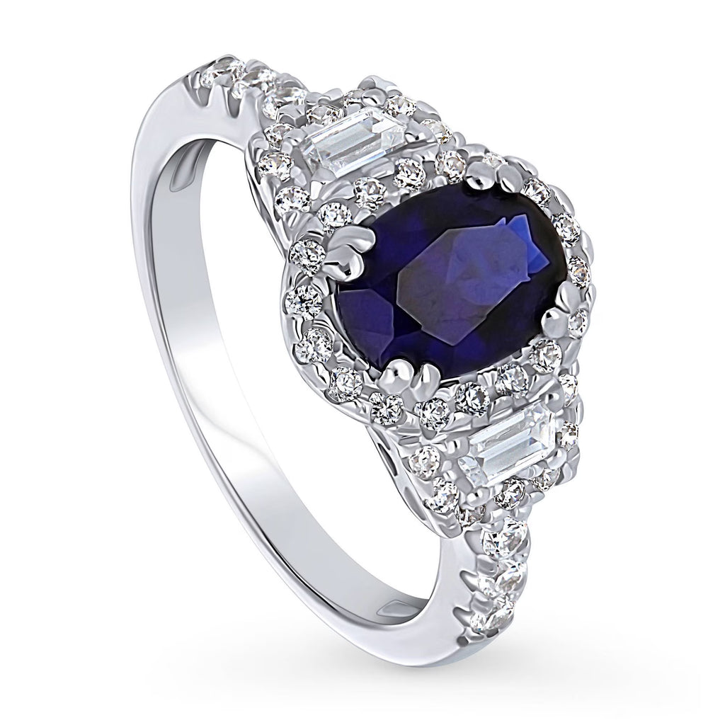 Sterling Silver Simulated Blue Sapphire Cubic Zirconia Halo Ring, Rhodium Plated Size 6 V49678
