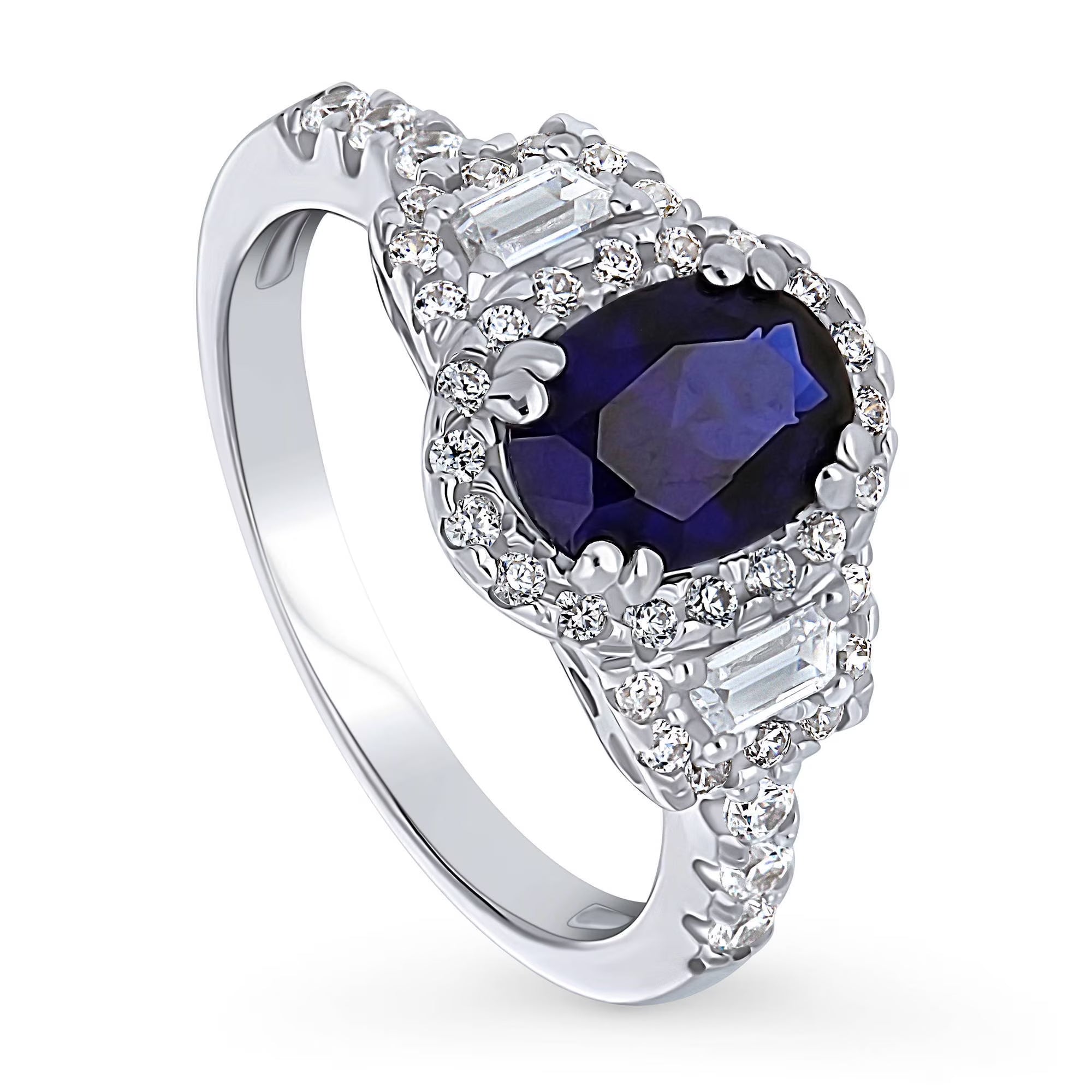 Sterling Silver Simulated Blue Sapphire Cubic Zirconia Halo Ring, Rhodium Plated Size 6 V49678