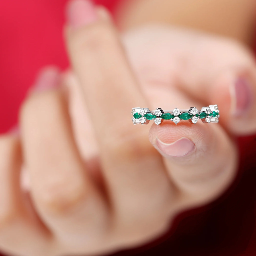 Marquise Emerald Ring with Diamond, 925 Sterling Silver D1284