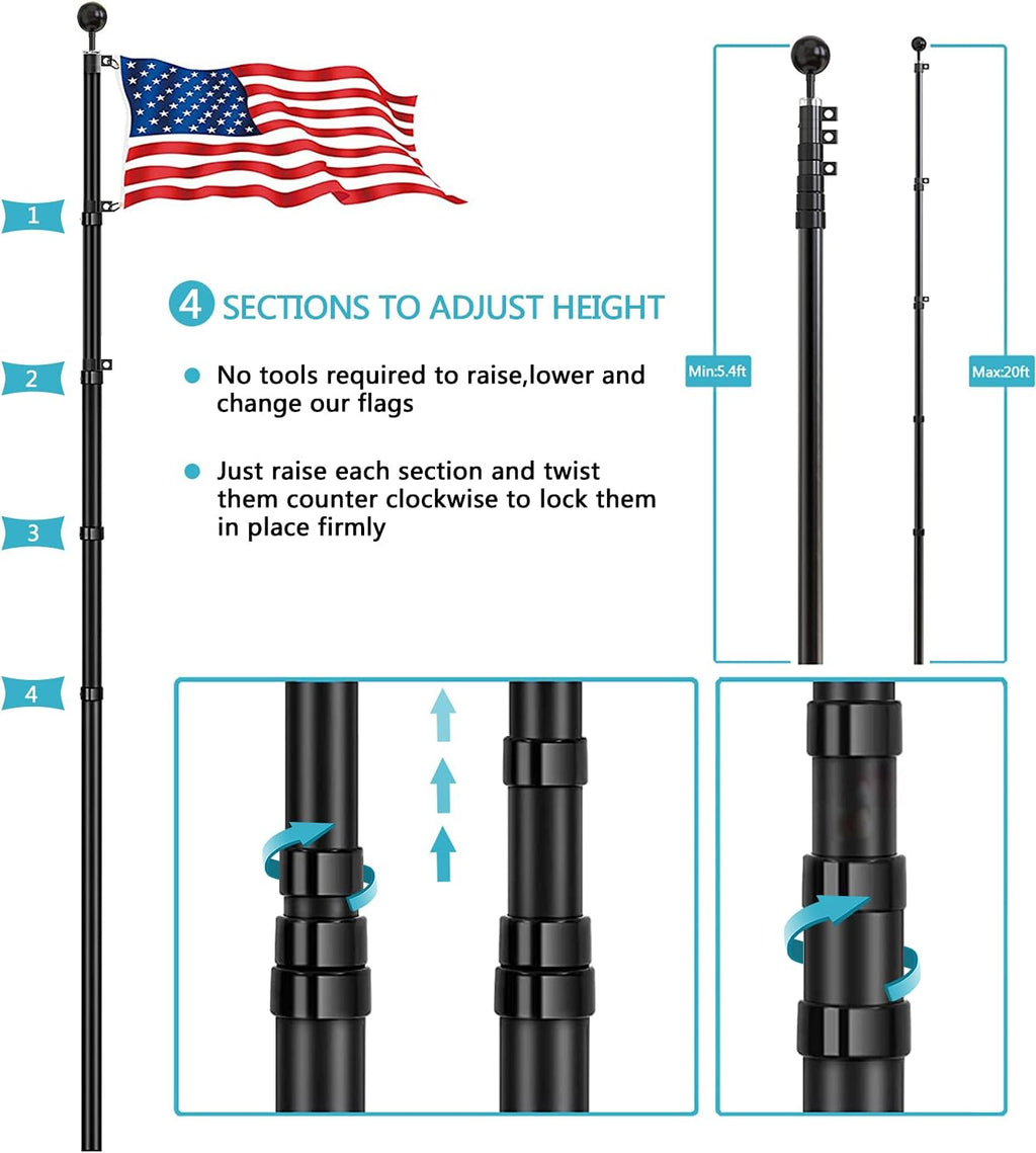 20FT Telescoping Black Flag Pole Kit with 3x5 American Flag R296131
