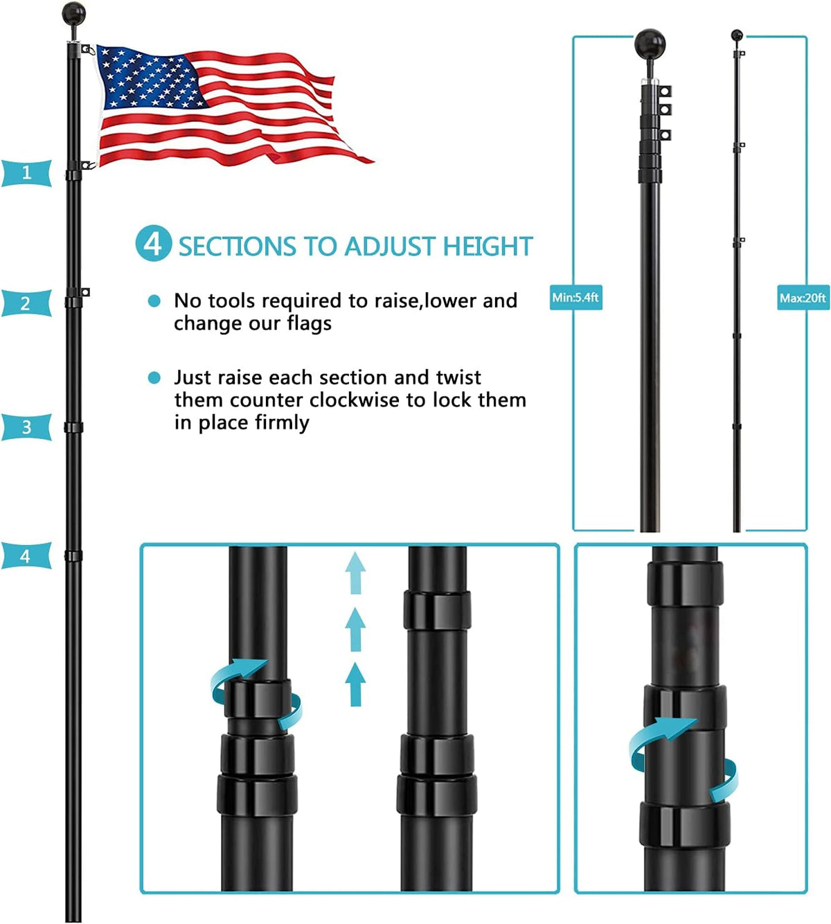 20FT Telescoping Black Flag Pole Kit with 3x5 American Flag R296131