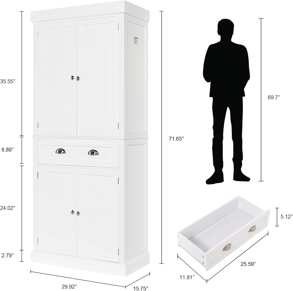 72" Freestanding White Storage Cabinet with Doors and Shelves I72842
