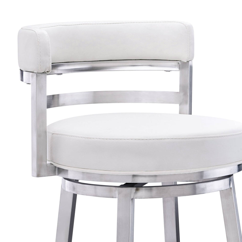26 in. Contemporary Counter Height Barstool Brushed Stainless Steel Finish White Faux Leather M531