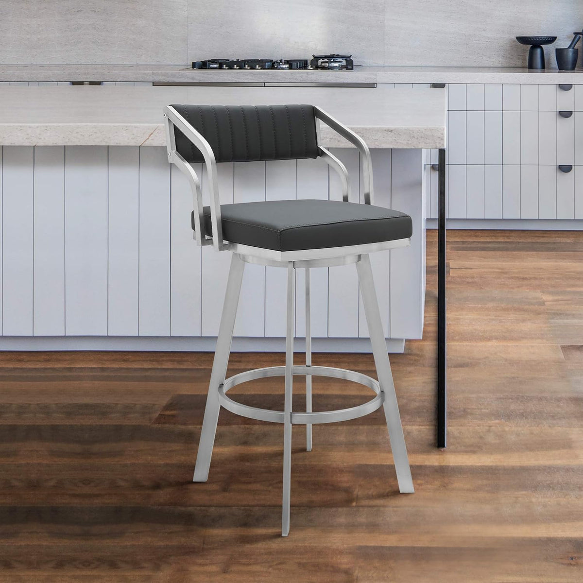 26 Counter Height Swivel Barstool with Black Finish and Slate Grey Faux Leather Y323