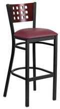 Black Cutout Back Metal Restaurant Barstool with Mahogany Wood Back and Burgundy Vinyl Seat C82438