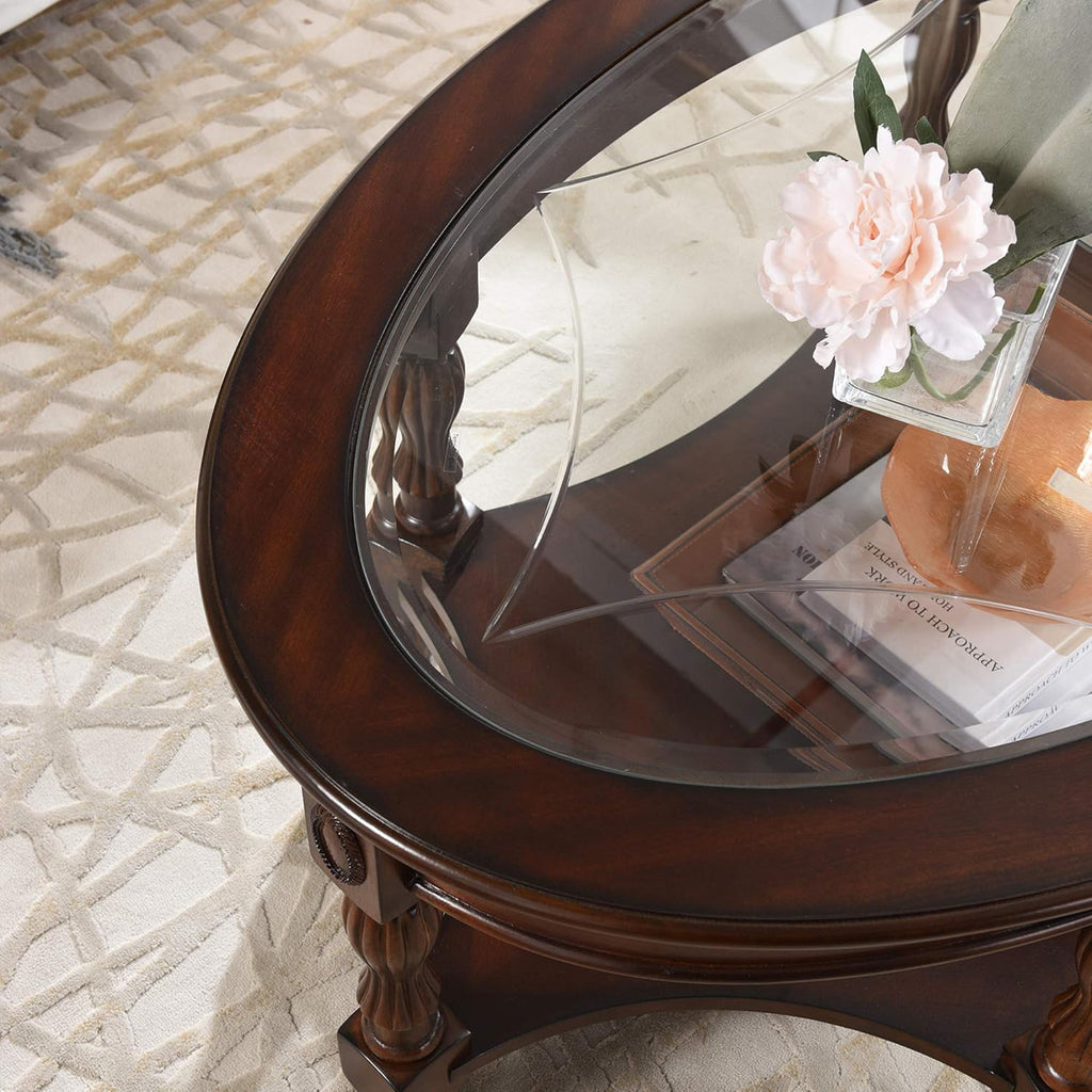 Solid Wood End Table with Tempered Glass and Storage Shelf P8489
