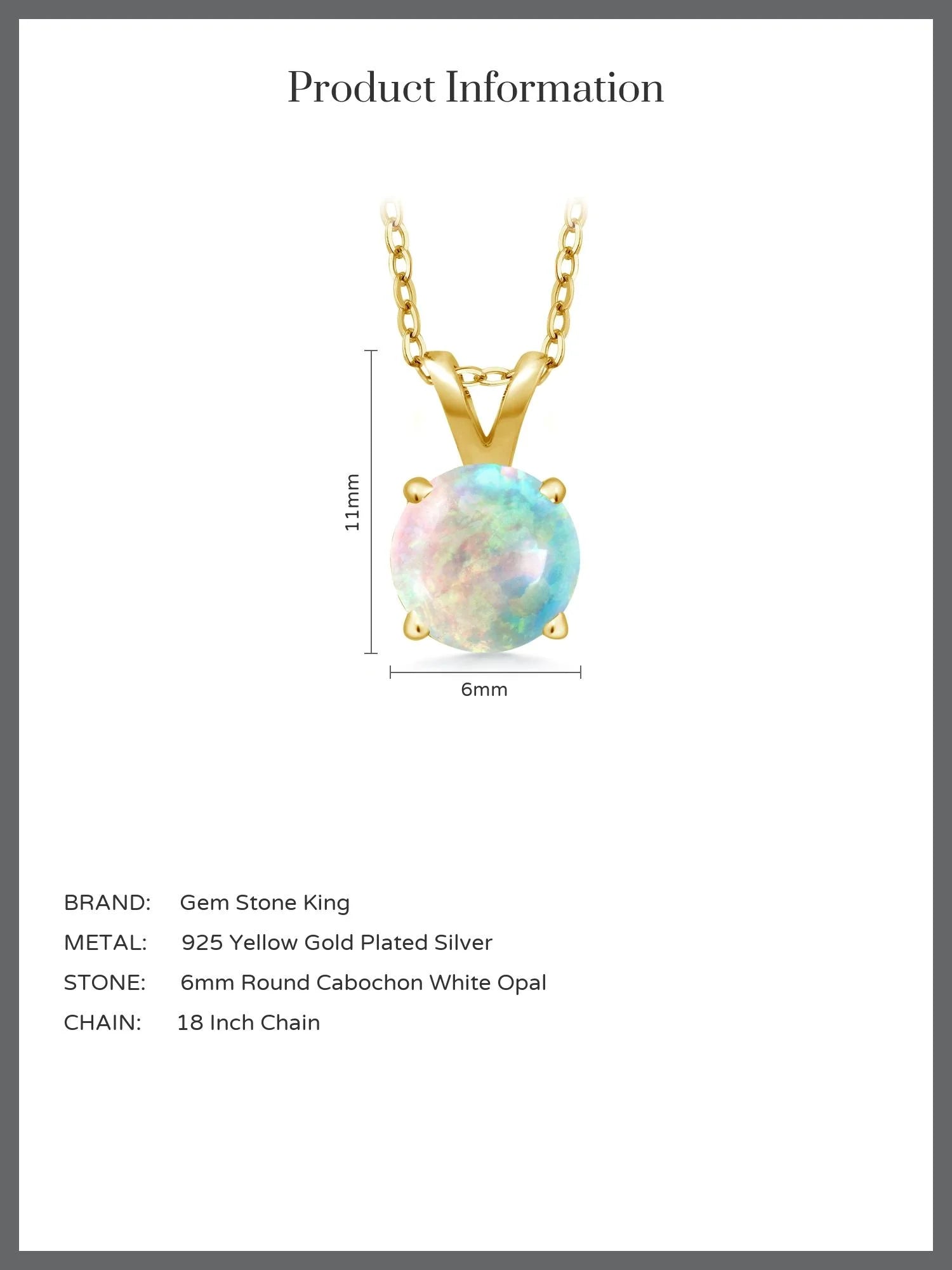 18K Yellow Gold Plated White Opal Pendant Necklace with 18 inch Silver Chain F35937