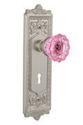 Egg & Dart Plate with Keyhole Crystal Pink Glass Door Knob in Satin Nickel M308630