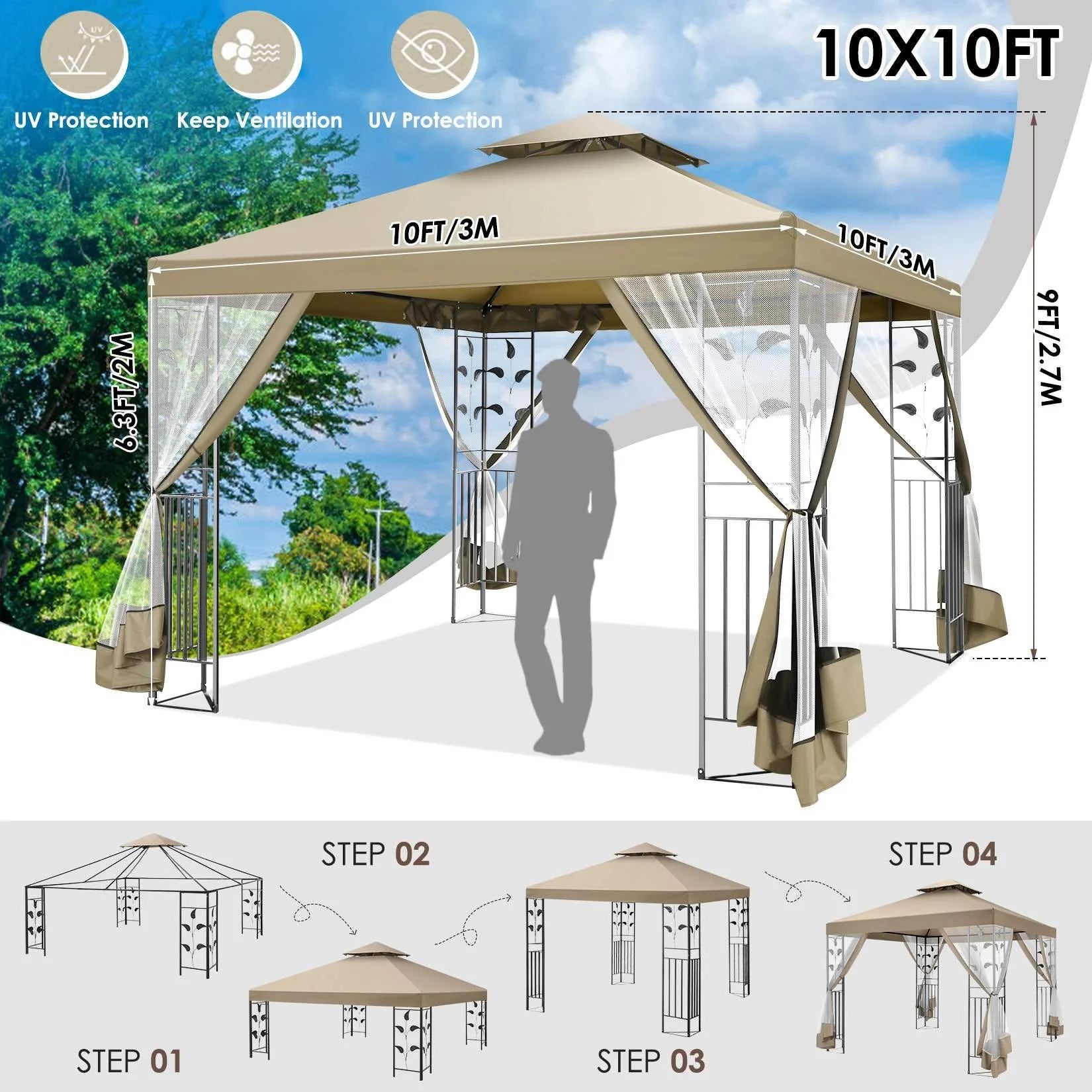 Outdoor Gazebo Canopy with 4 Detachable Mosquito Nets P3059