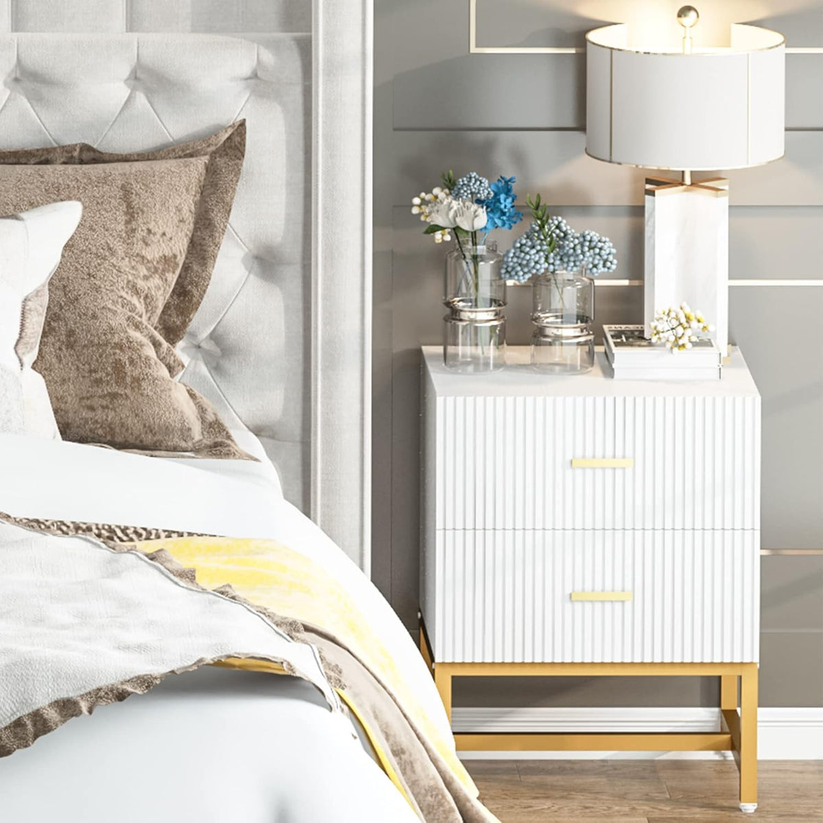 White 2-Drawer Nightstand with Storage Cabinet Metal Frame C14094