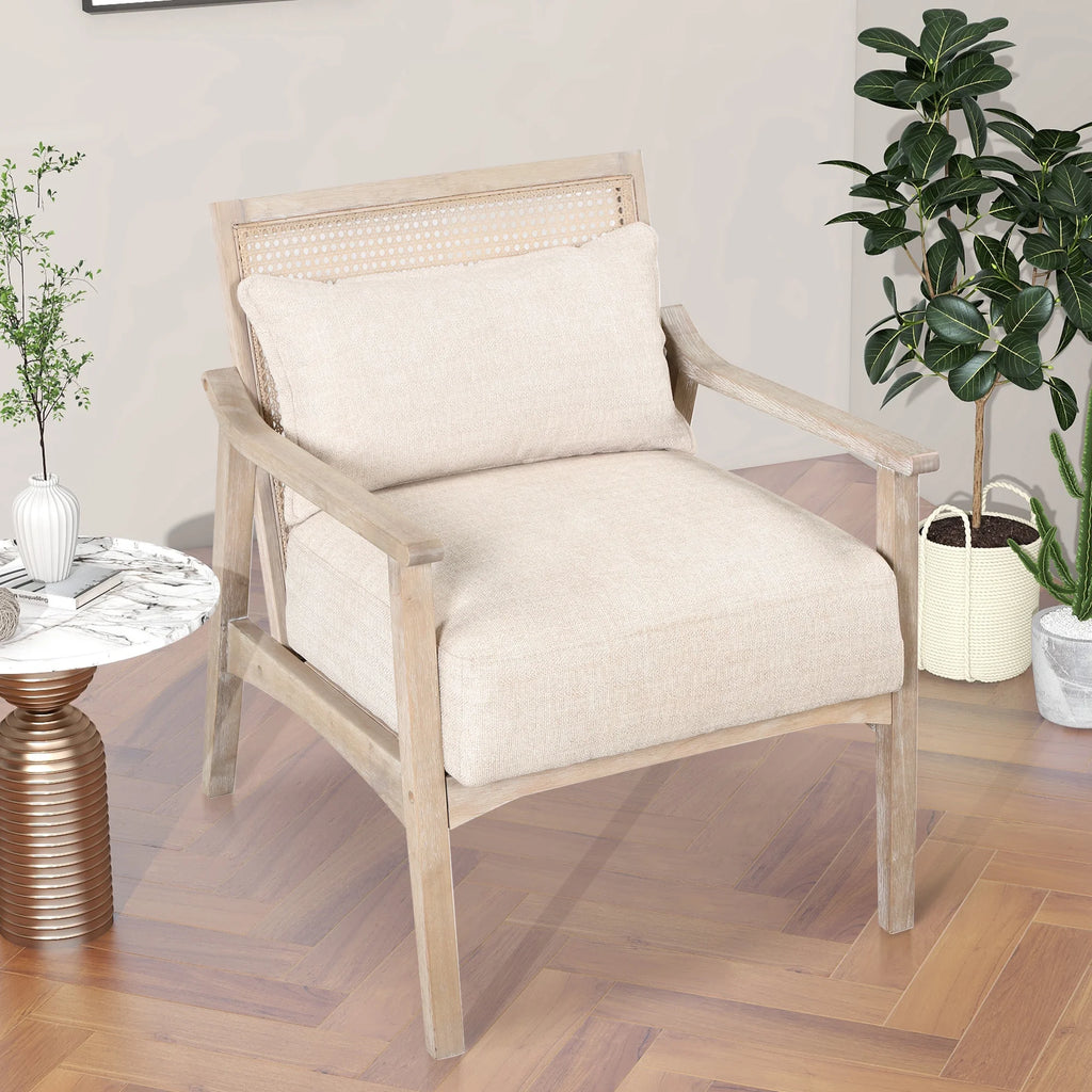 Mid-Century Accent Chair with Lumbar Pillow, Rattan Back Upholstered Chair R354167