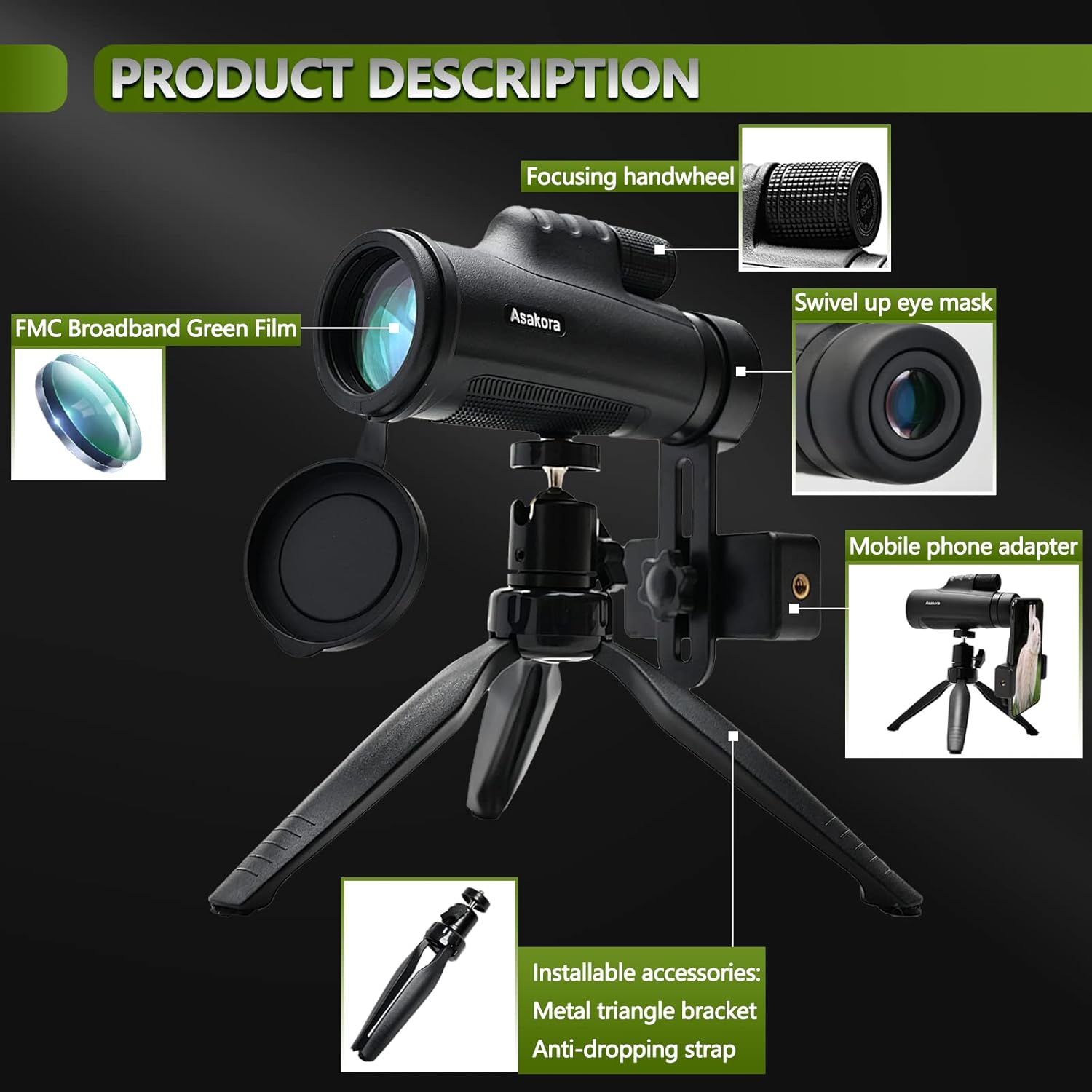 12x50 Waterproof Monocular with Smartphone Adapter & Tripod Q4704