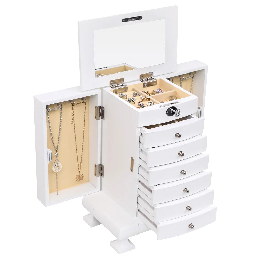 White Wooden 7 Layers Jewelry Box with Lock S256715