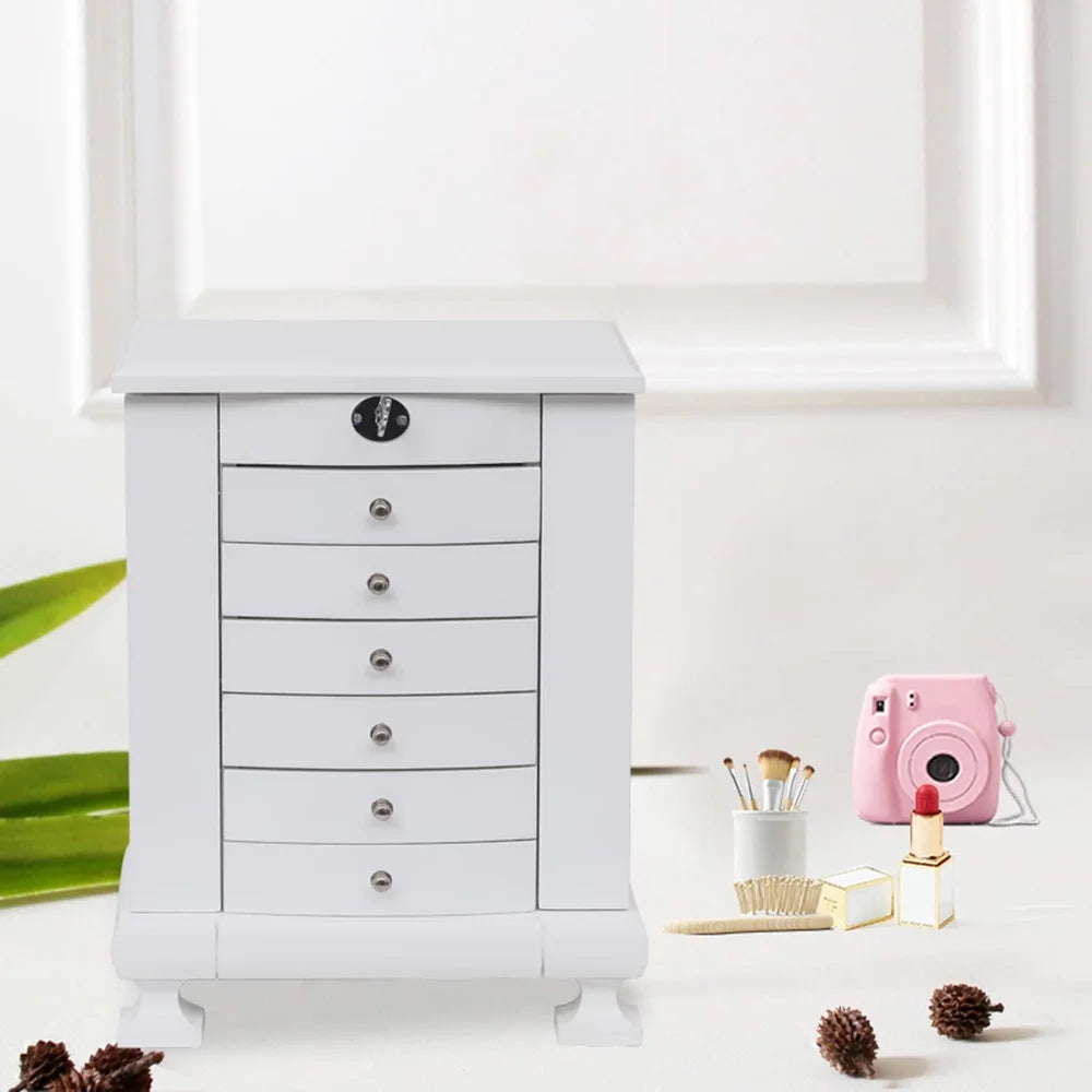 White Wooden 7 Layers Jewelry Box with Lock S256715