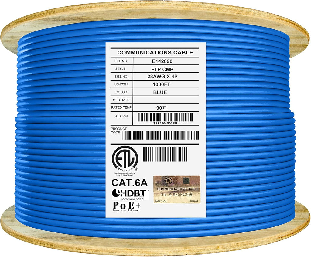 Bulk Ethernet Cable Reel, Cat6A Shielded Plenum, 1000ft, FTP 23AWG, Solid Pure Copper, Blue O74185