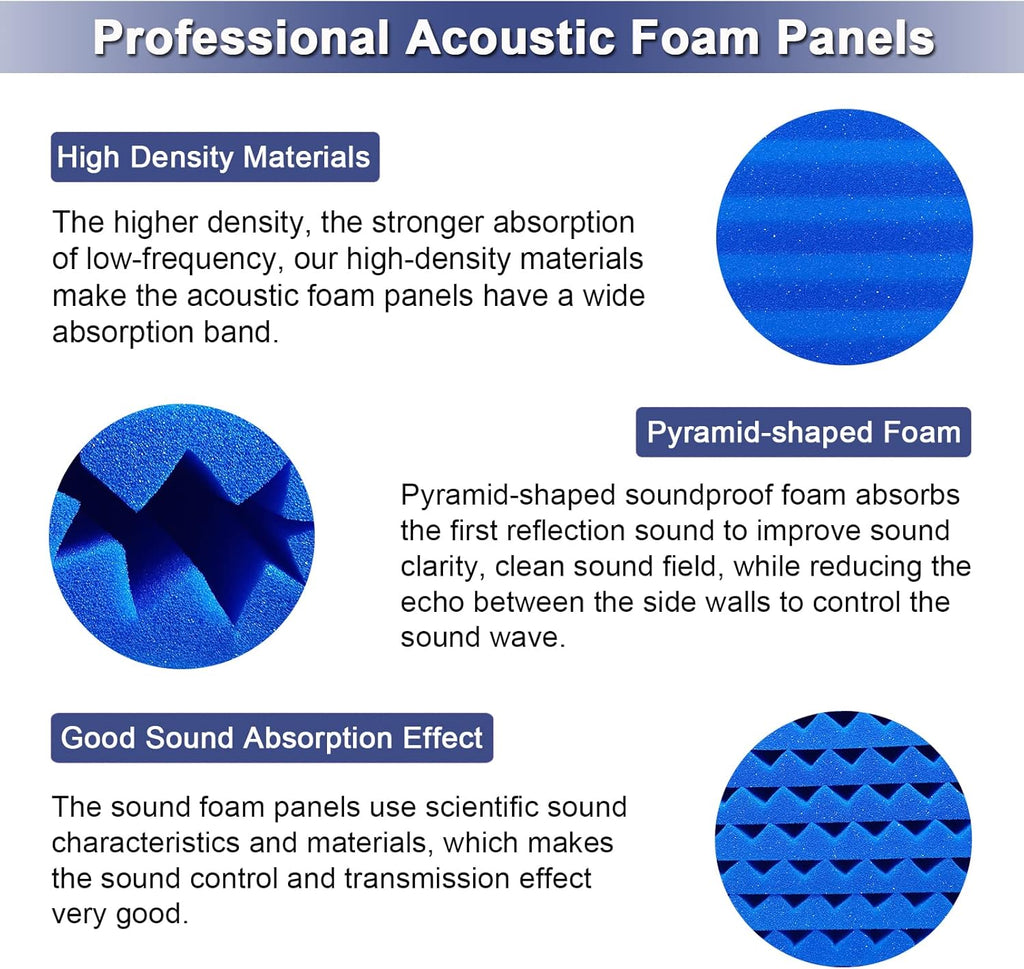 52 Pack Acoustic Foam Panels, 1" x 12" x 12" Black/Blue Wedge Studio Foam T1295