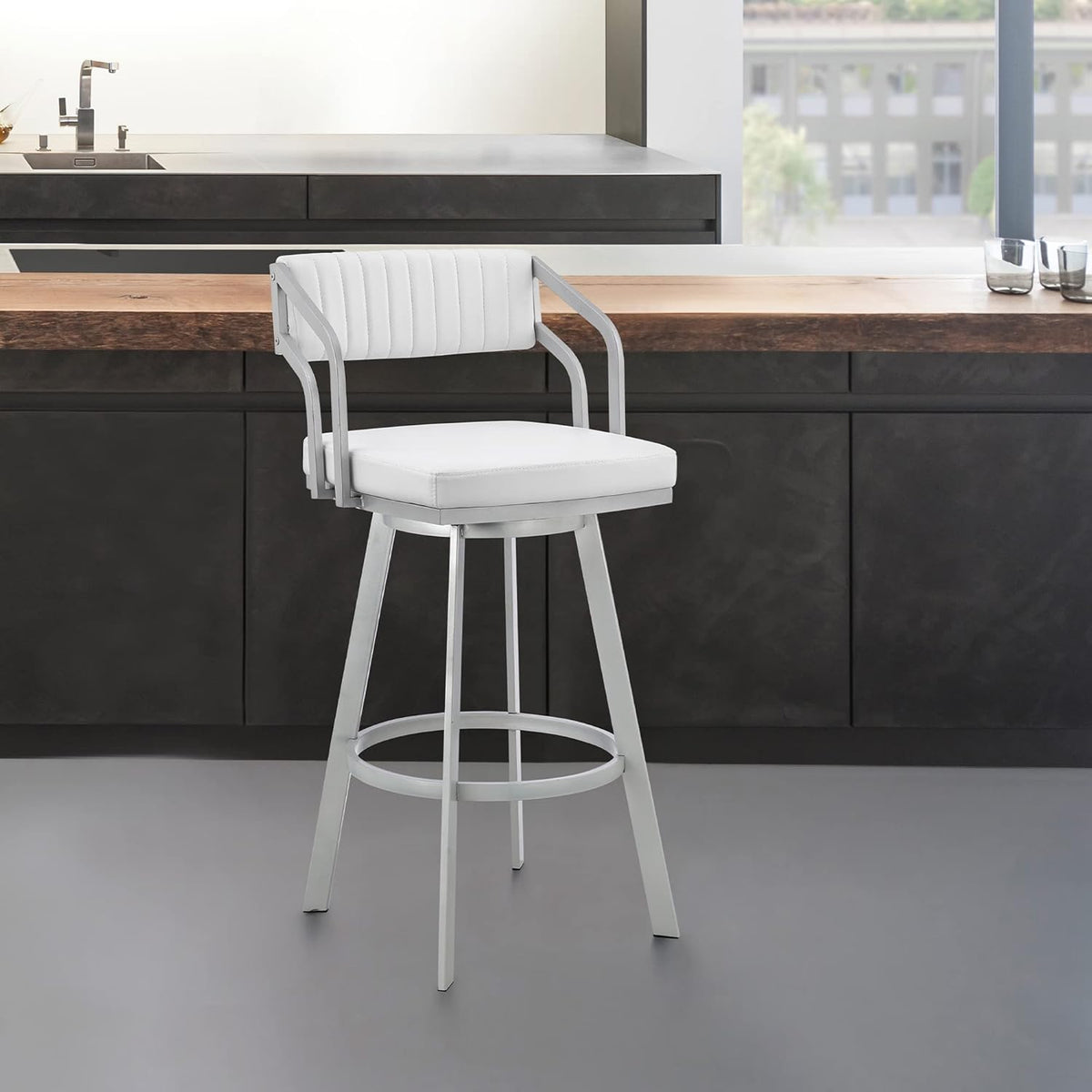26 Counter Height Swivel Barstool with Black Finish and Slate Grey Faux Leather Y323