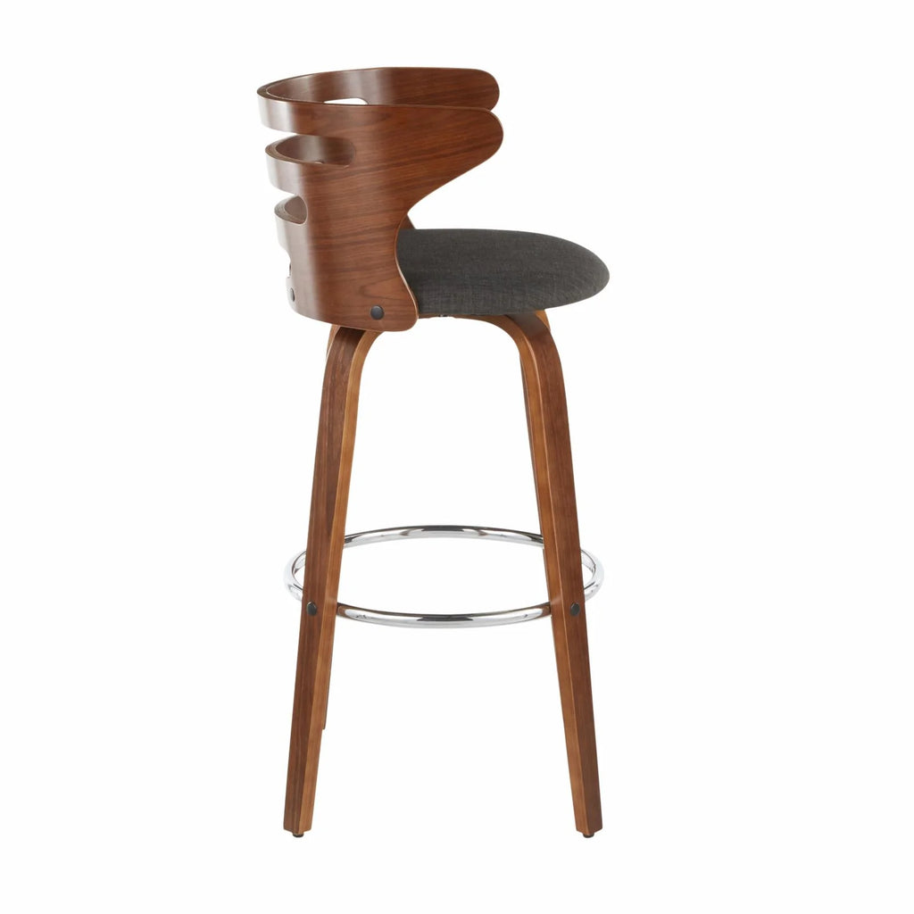 Mid-Century Modern Barstool With Swivel In Walnut And Charcoal Fabric - Set Of 2 U385115