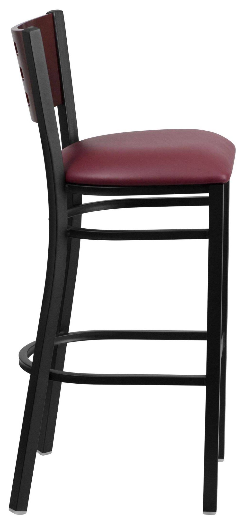 Black Cutout Back Metal Restaurant Barstool with Mahogany Wood Back and Burgundy Vinyl Seat C82438