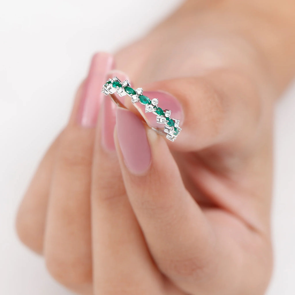Marquise Emerald Ring with Diamond, 925 Sterling Silver D1284