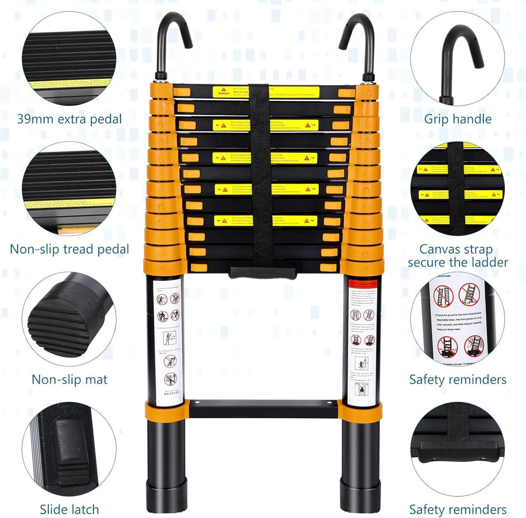 12.5FT Aluminum Telescoping Folding Ladder with Hook T1677
