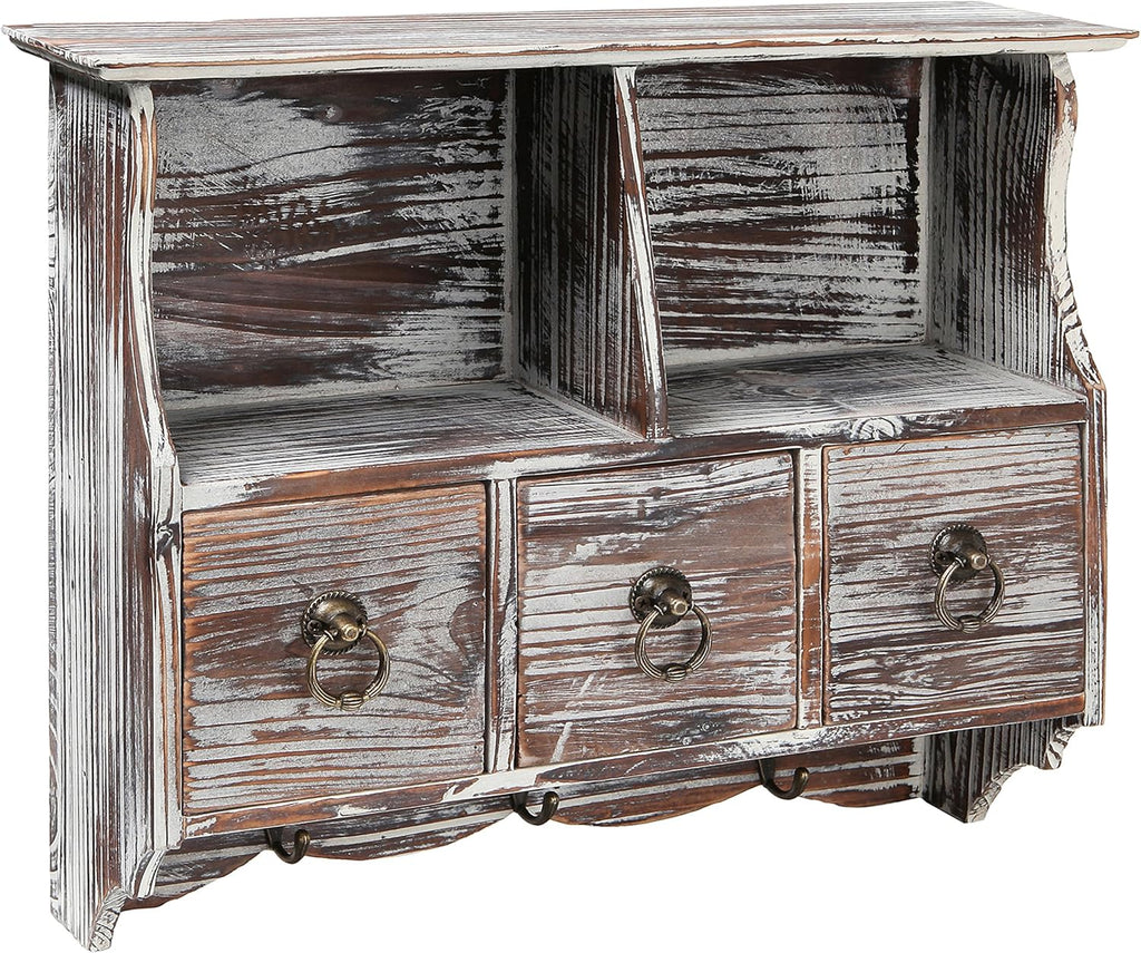 Torched Wood Wall Shelf with 3 Drawers and Key Hooks, Pack of 2 E996