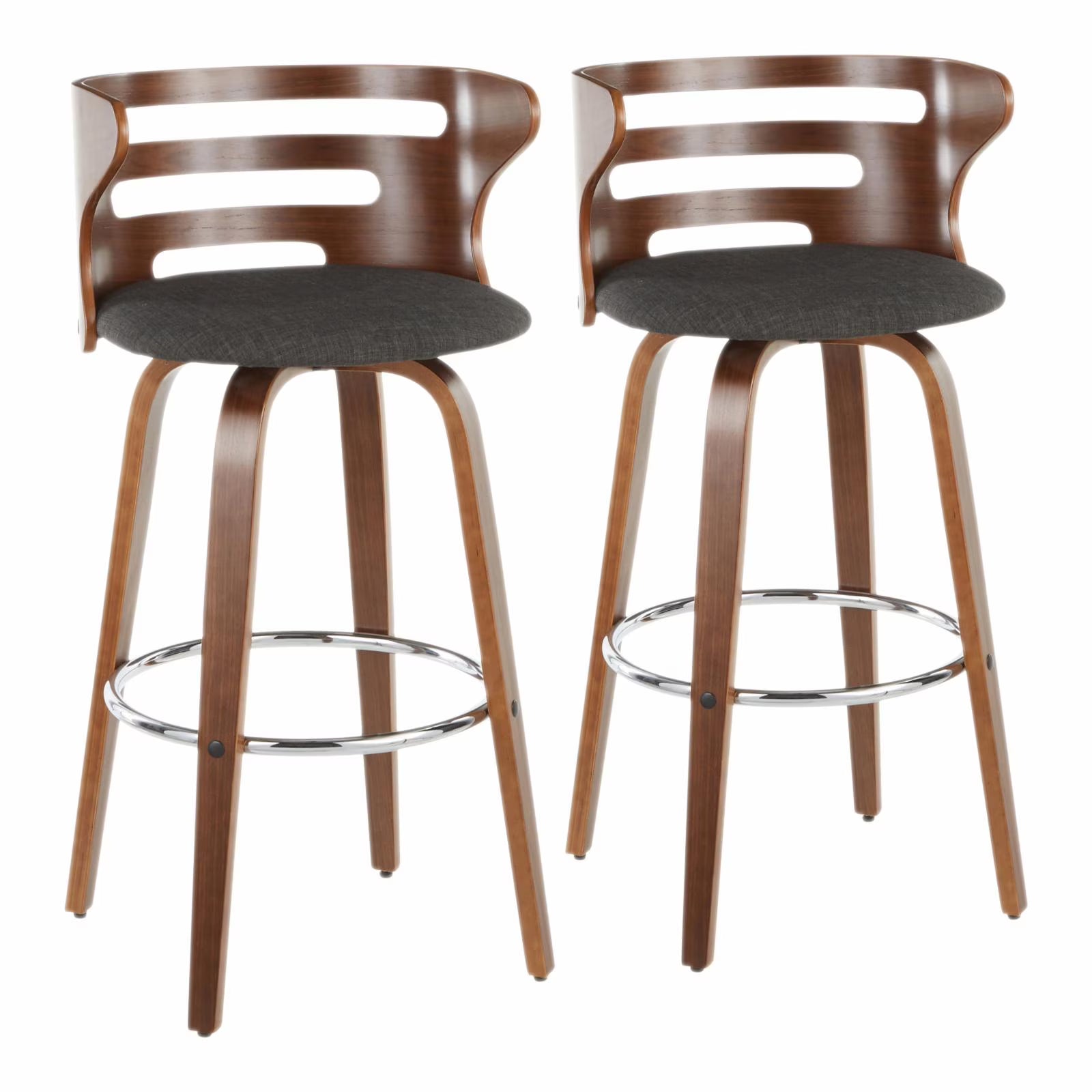 Mid-Century Modern Barstool With Swivel In Walnut And Charcoal Fabric - Set Of 2 U385115