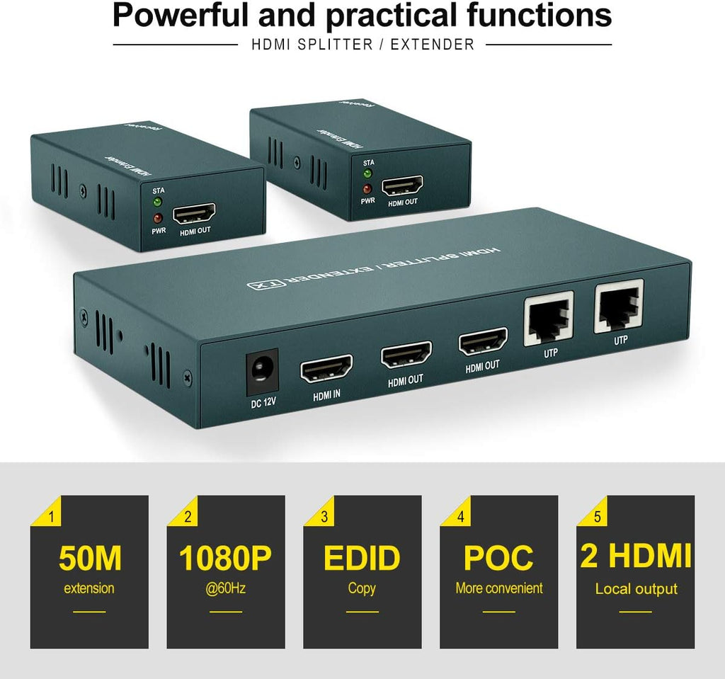 HDMI Extender Splitter 1x2, 165ft (50m) over CAT5e/CAT6/CAT7 Cable P666