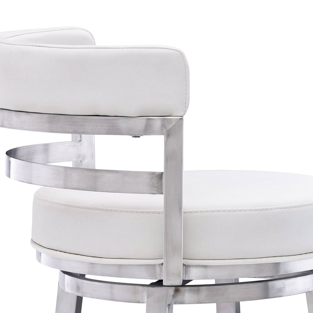 26 in. Contemporary Counter Height Barstool Brushed Stainless Steel Finish White Faux Leather M531