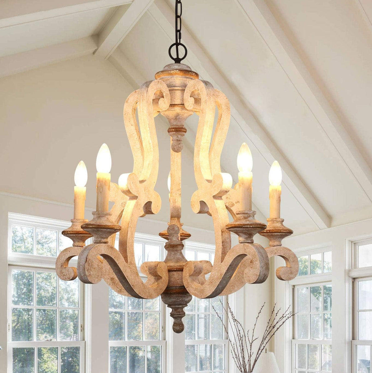 6 Candle Light Wooden Chandelier with Adjustable Chain Z340333