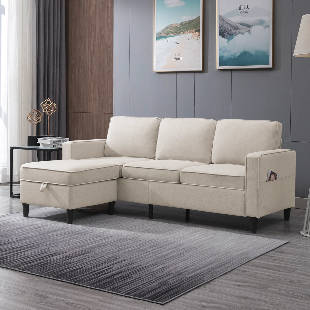 Beige Convertible Sectional Sofa Couch with Storage Ottoman N247