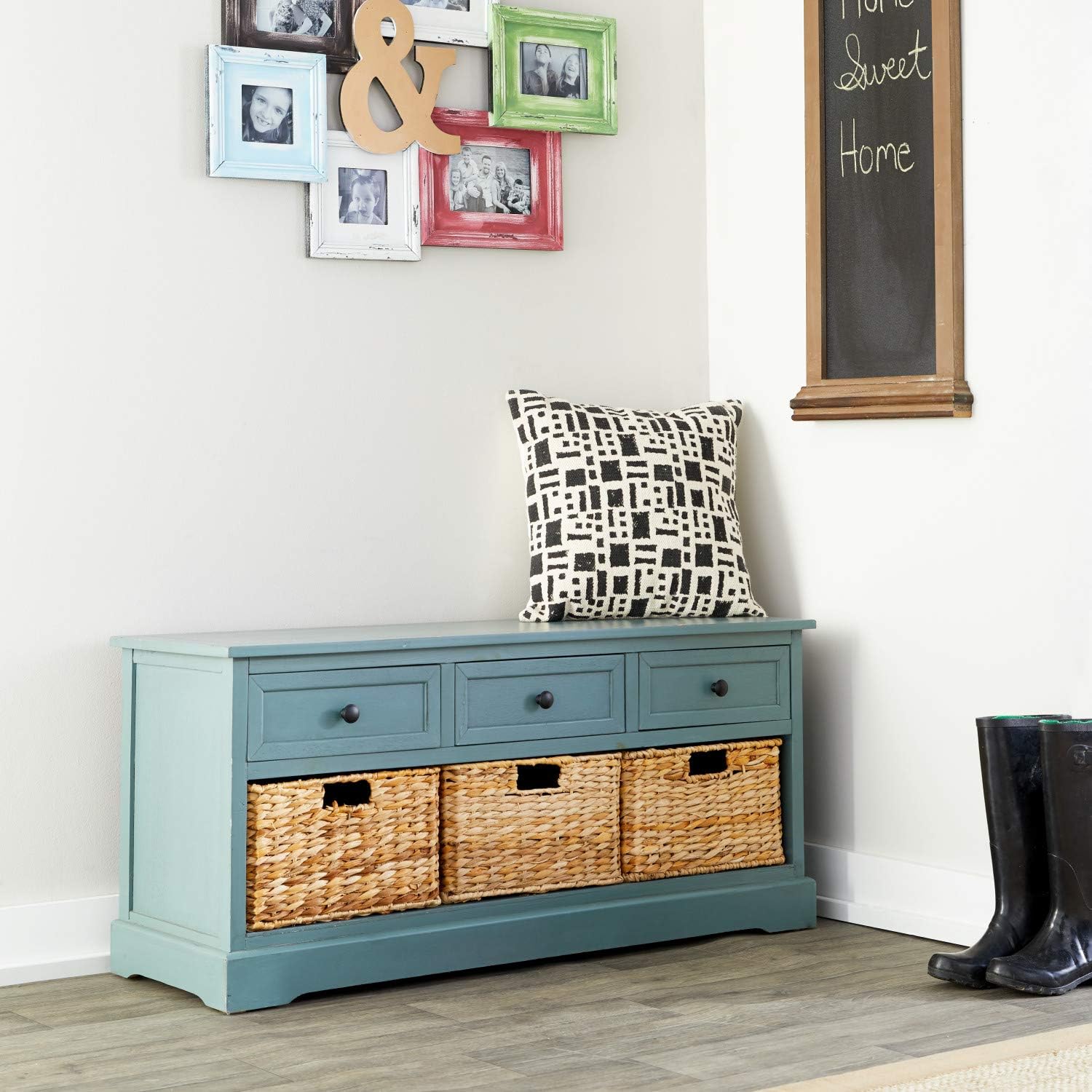 Aqua Wood Cabinet with Natural Wicker Storage Basket Drawers E13292