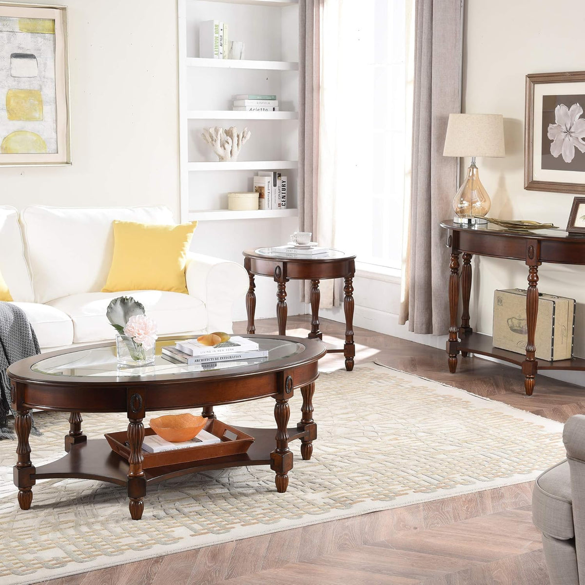 Solid Wood End Table with Tempered Glass and Storage Shelf P8489