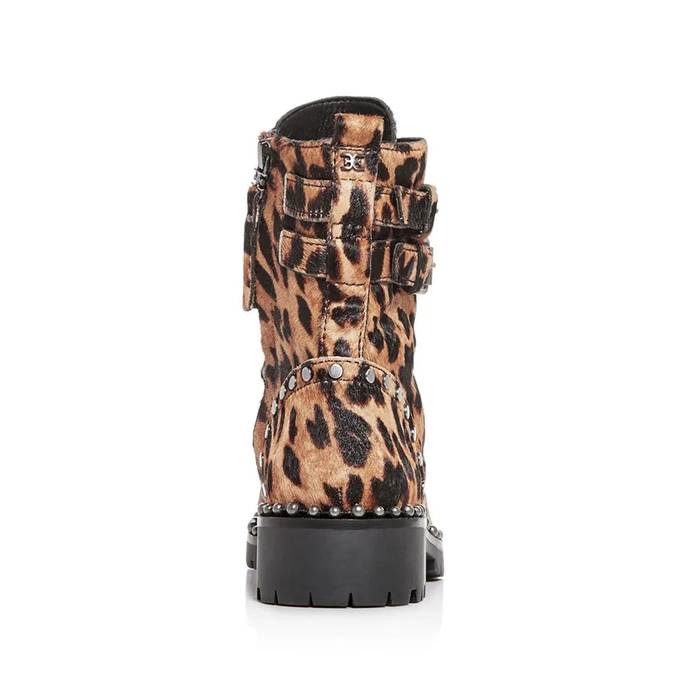 Brown Leopard Print Calf Hair Combat Boots W433