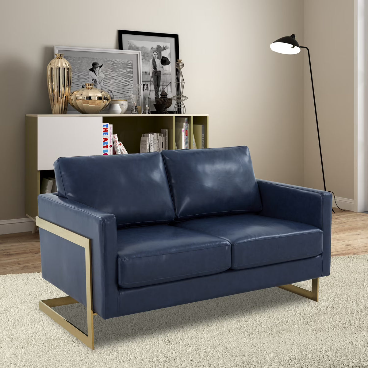 Mid-Century Upholstered Leather Loveseat with Gold Frame U4869