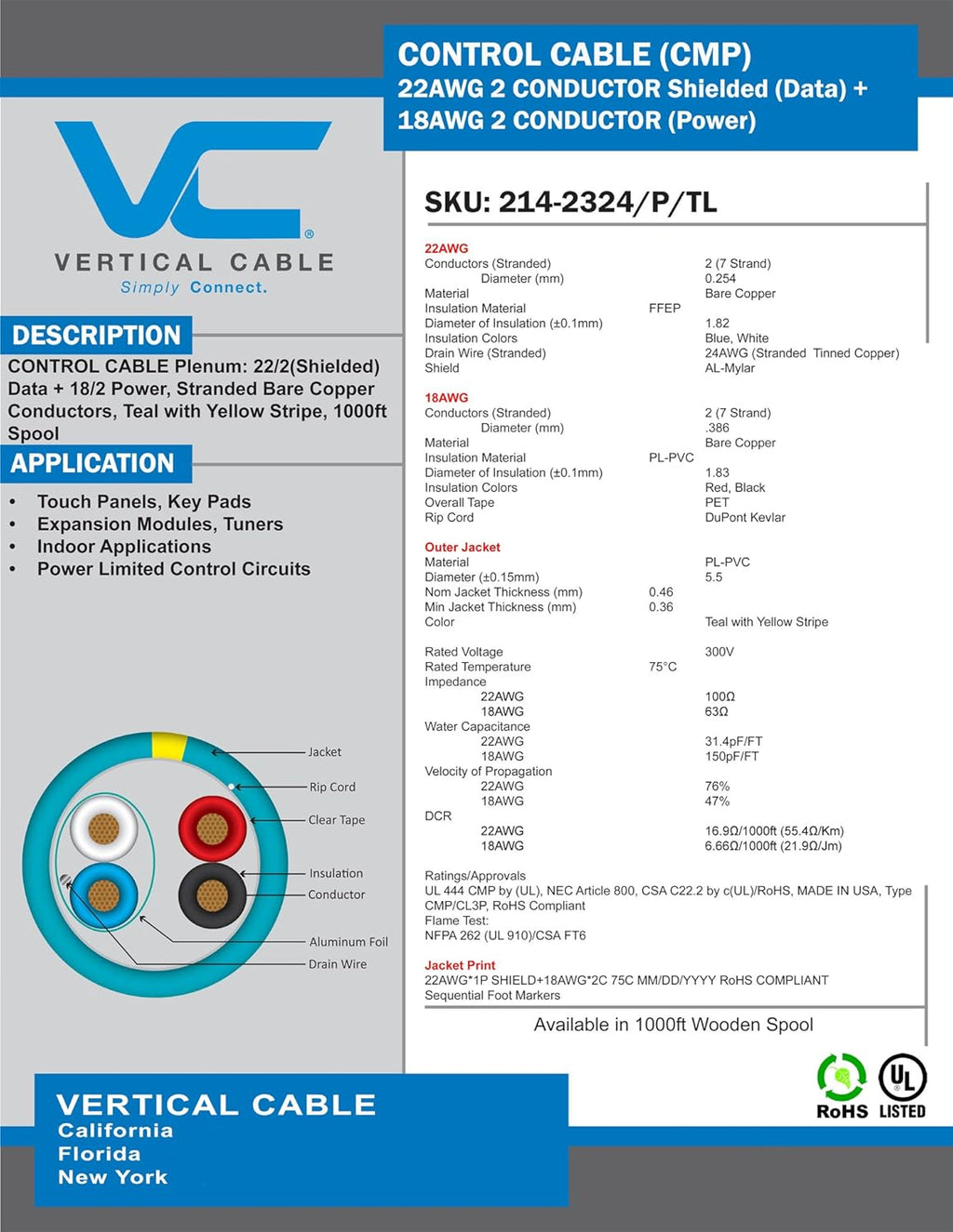 22AWG/2 Shielded Data + 18AWG/2 Power Stranded Bare Copper Cable, Teal with Yellow Stripe, 1000ft T334