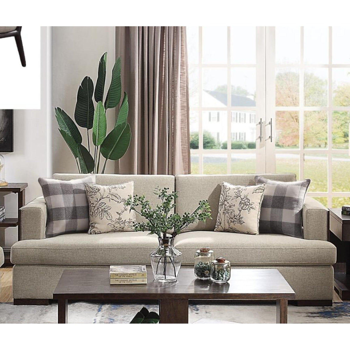 Fabric & Walnut Sofa with 4 Pillows L362241