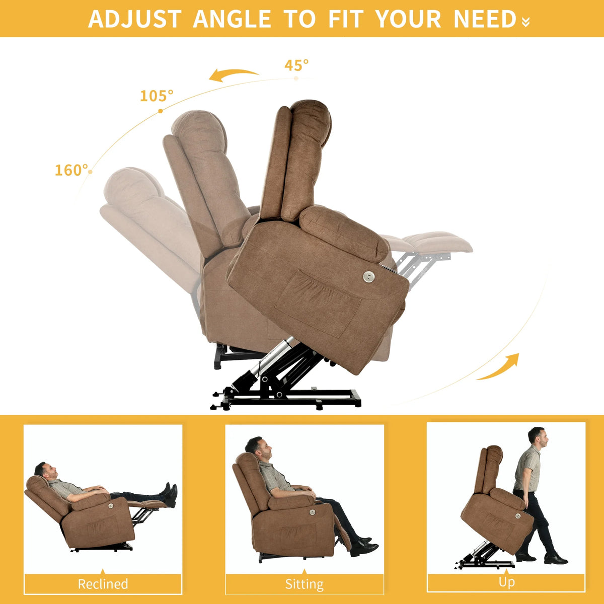 Brown Fabric Power Lift Recliner Chair with Massage and Heat G93205