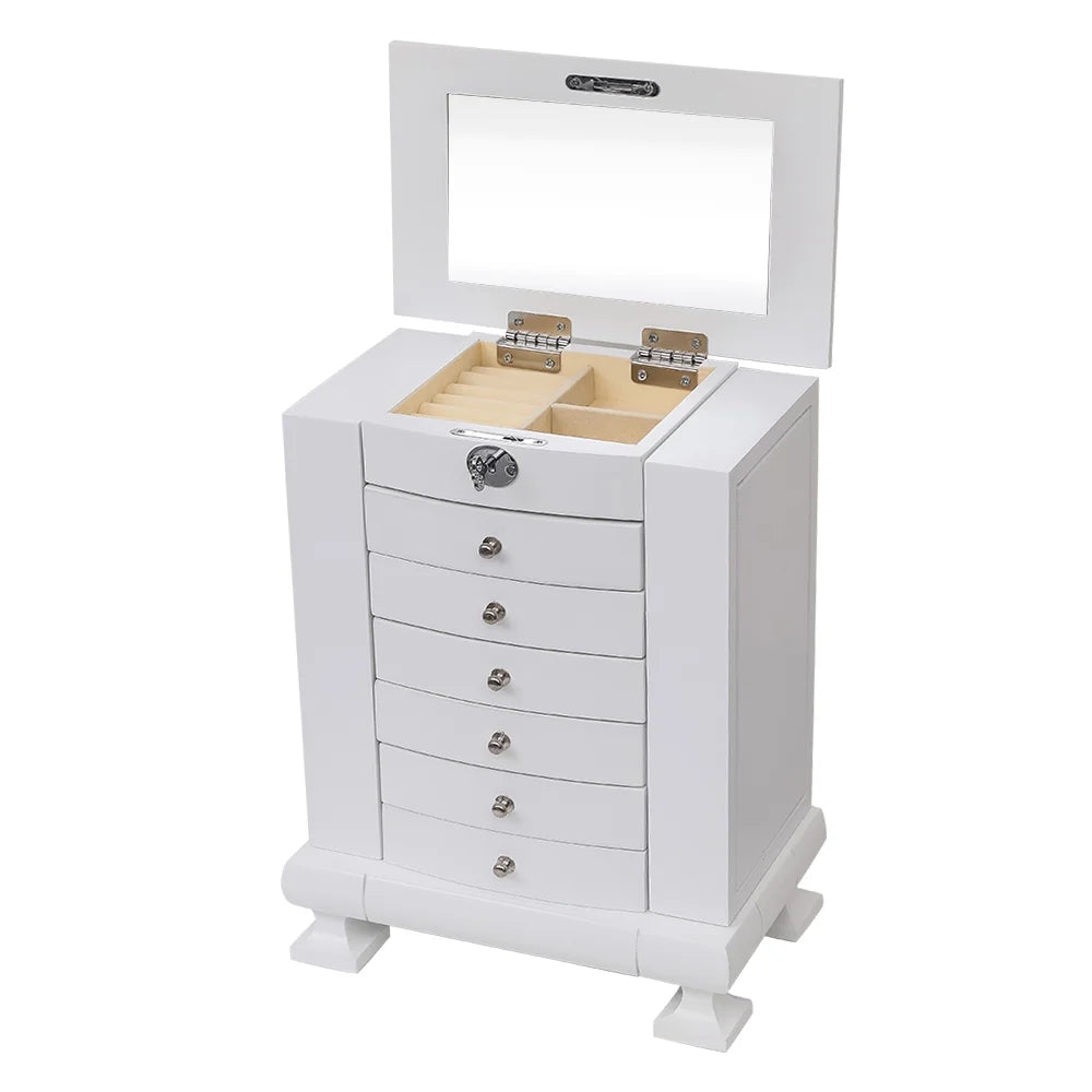 White Wooden 7 Layers Jewelry Box with Lock S256715