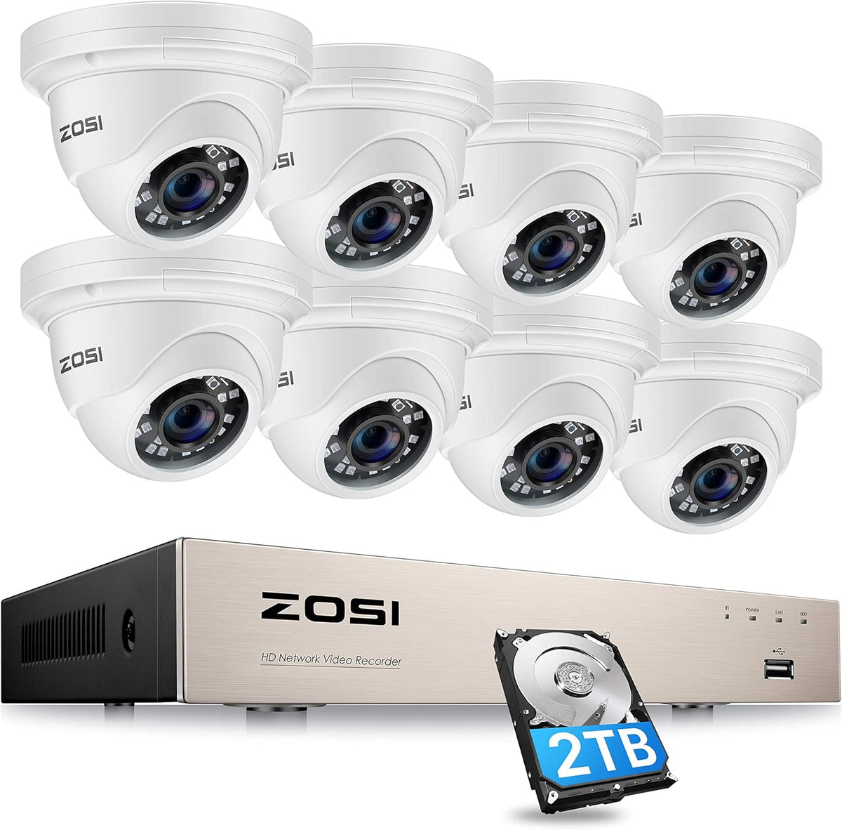 8CH 5MP PoE Security Camera System with 2TB HDD and 8pcs Wired Indoor Outdoor Cameras with 80ft Night Vision T7085