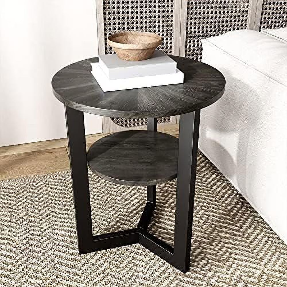 Round End Table Solid Wood 2-Tier Natural Wood Tabletop Black Metal Frame 19.3" D x 24" H G132