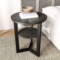 Round End Table Solid Wood 2-Tier Natural Wood Tabletop Black Metal Frame 19.3" D x 24" H G132