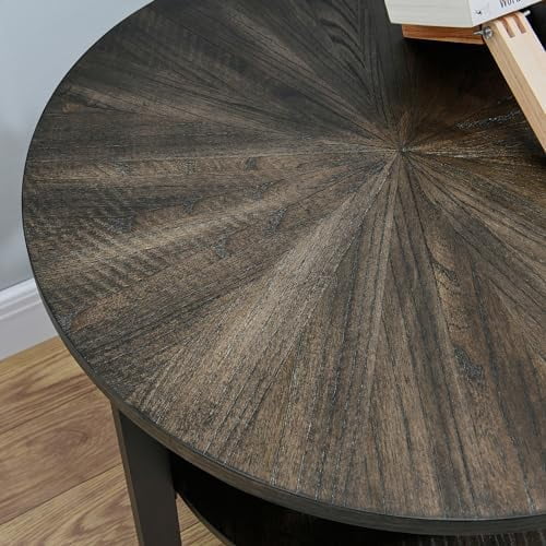 Round End Table Solid Wood 2-Tier Natural Wood Tabletop Black Metal Frame 19.3" D x 24" H G132